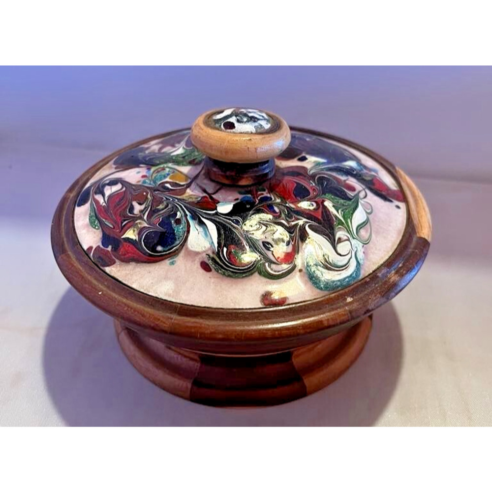 Artisan Made and Signed Chain Tree Wood Bowl Copper Enamel Lid